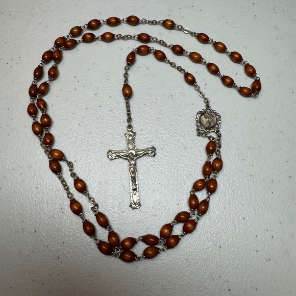 Vintage DTC Sterling Silver Wood Bead‎ Rosary Necklace Catholic Prayer Beads VTG